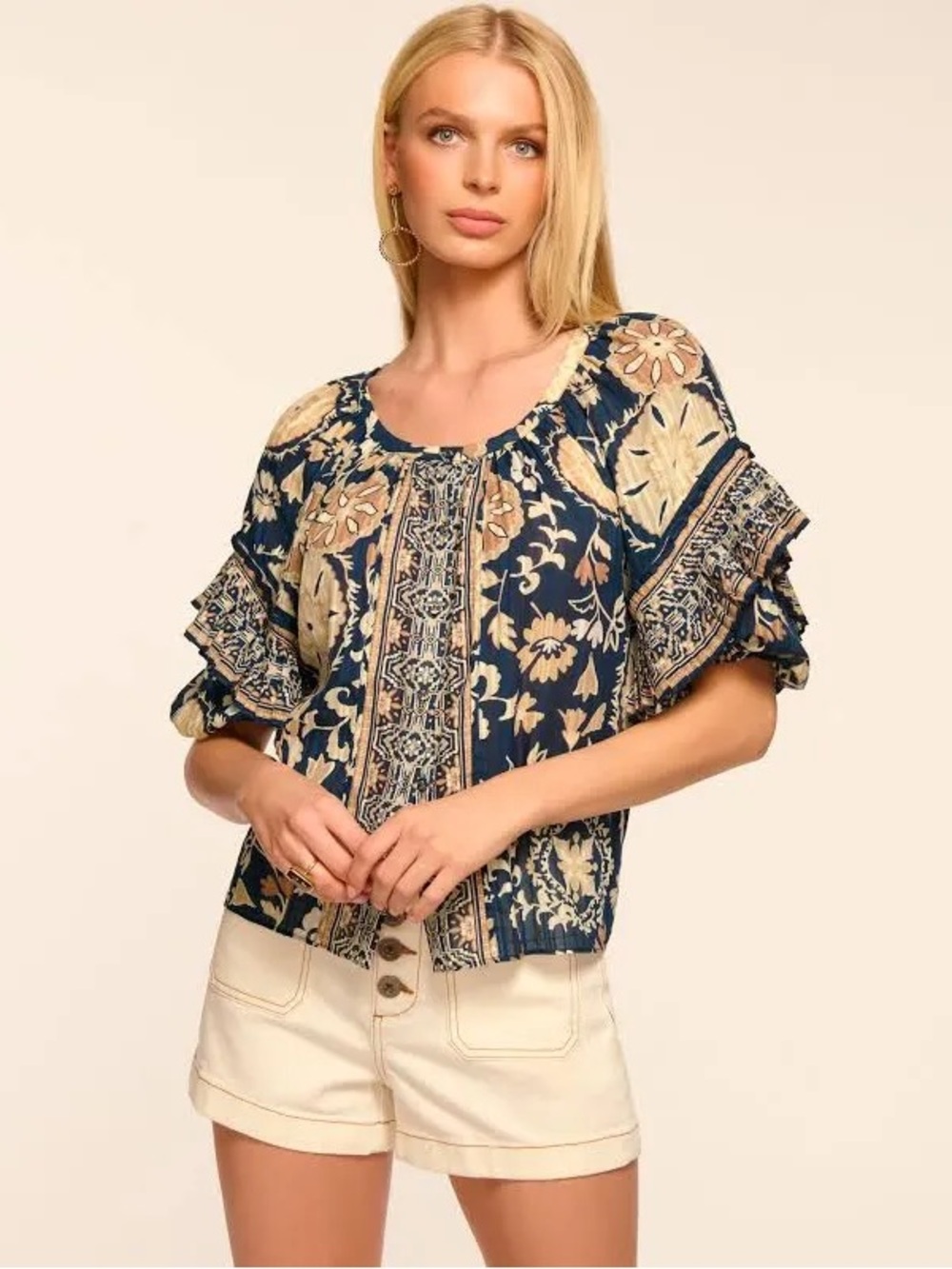 Ramy Brook Navy and Cream Floral Peasant Blouse